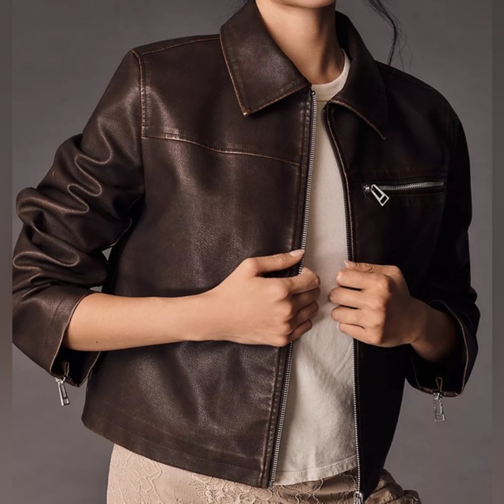 Pilcro Washed Faux Leather Cropped Moto Jacket